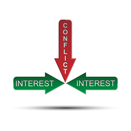 Infographics, two arrows labeled interest and an arrow pointing to a conflictのイラスト素材