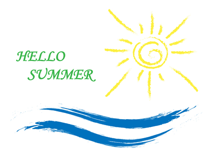 Sun and wave with the inscription Hello summer, simple drawingのイラスト素材