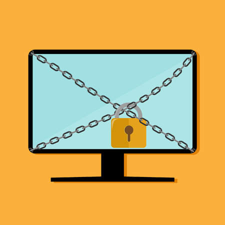 Computer monitor tied with a chain with a lock, computer securityのイラスト素材