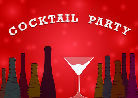 Cocktail party, drink glass and bottle silhouettes on colorful backgroundのイラスト素材