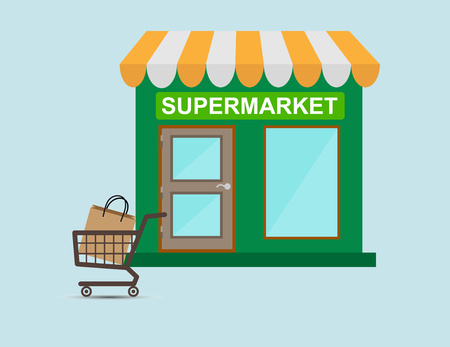 shop with an inscription supermarket and trolley with the package, e-commerceのイラスト素材