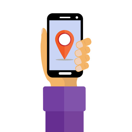 Hand holding smartphone. On the screen of the mobile phone and navigation.のイラスト素材