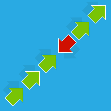 One red arrow in the opposite direction is highlighted in a row of green arrowsのイラスト素材