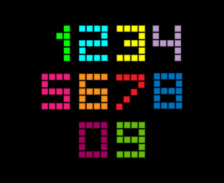 set of colored numbers simulating an electronic scoreboard with square segments