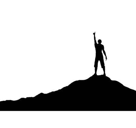 Man with raised hand standing on the mountain, simple flat designのイラスト素材