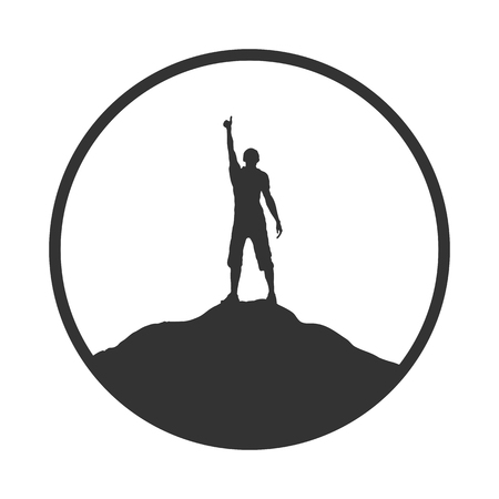 Silhouette of man with raised hand on top of the mountain, flat designのイラスト素材