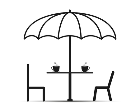 Two chairs and a table under an umbrella. On the table is two mugs of tea, flat designのイラスト素材