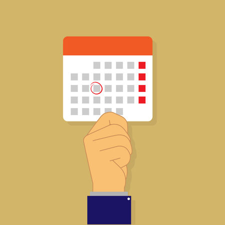 Hand holding a leaf of a calendar with the marked date flat designのイラスト素材