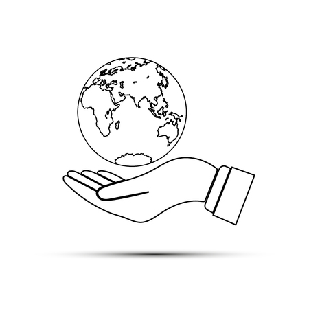 Hand with outstretched palm holds the globe, the globe above the outstretched palm, flat designのイラスト素材