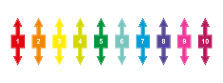 set of colored numbered squares with numbers from 1 to 10 with up and down arrows for design and decoration of projects, presentations, plans. Tab with numbering.のイラスト素材