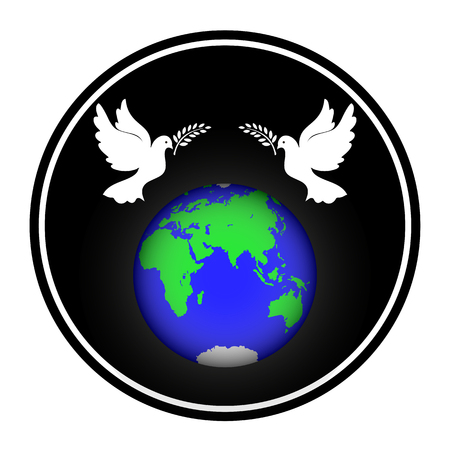 Globe with pigeons and olive branch on black circle background for design and decoration.のイラスト素材