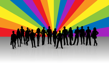 Black silhouettes of men and women on the background of rays in LGBT colorsのイラスト素材