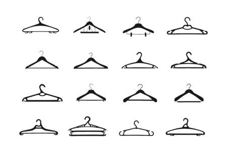 Vector set of wooden and plastic clothes hangers, flat design.のイラスト素材