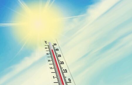 sun and the scale of the thermometer. The air temperature is more than 40 degrees Celsius. Global...