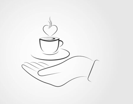 Hand presents a Cup of coffee with steam in the form of a heart, black and white drawingのイラスト素材