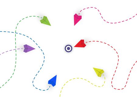Colored paper airplanes at different distances from the target. Conceptual plot on the topic of...