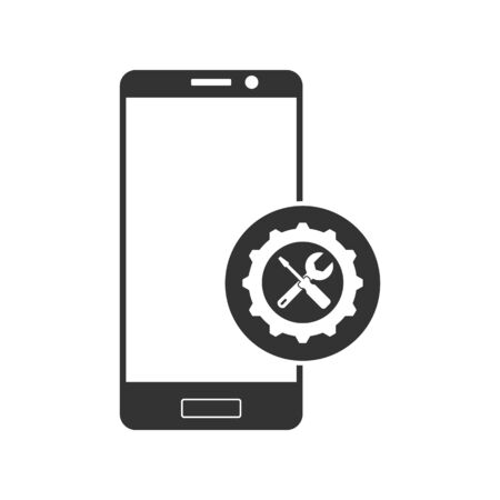 Repair or adjust the parameters of the smartphone. Simple icon. Silhouette of a smartphone with a gear, a wrench and a screwdriver.のイラスト素材