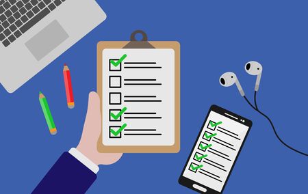 Hand holding a sheet with a questionnaire or vote. On the screen of the smartphone electronic voting. Simple design.のイラスト素材