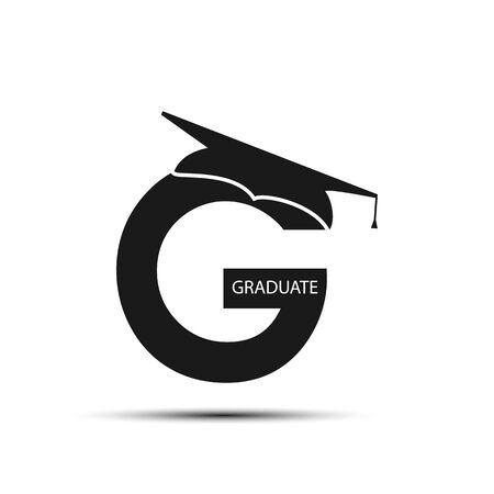 character of the graduate. The letter G with a graduate cap and the inscription graduate. Flat design.のイラスト素材