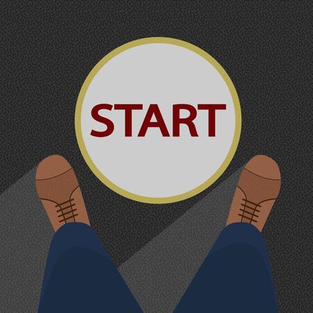 Men's legs in pants and shoes near the circle with the inscription start. Flat design.