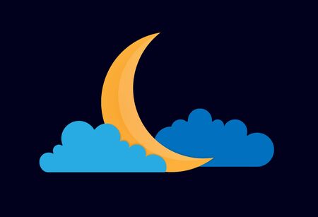 Color vector drawing of a quarter moon in the clouds on the night dark blue sky.のイラスト素材