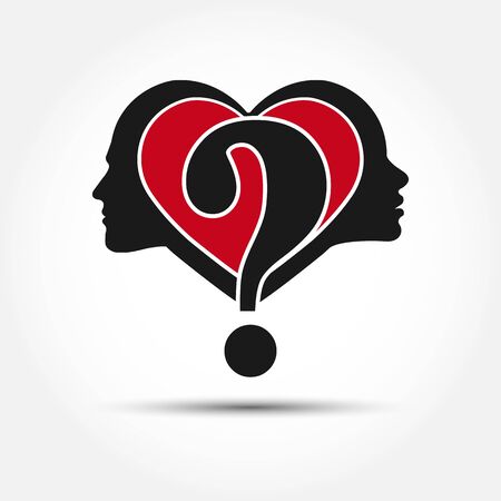 Multi-purpose concept on the theme of relationships between men and women. The profile of a male and a female head with a heart and question mark, flat design のイラスト素材