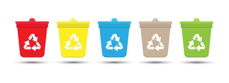 Set of colored tanks for separate waste collection. Each box is for different waste. Isolated on white background.のイラスト素材