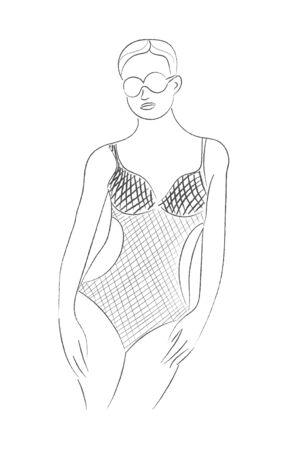 Pencil vector sketch of an abstract female figure. Empty outline. Flat Doodle style. Isolated on a white background for wide application-logo, banner, poster or fashion magazine and other options.のイラスト素材