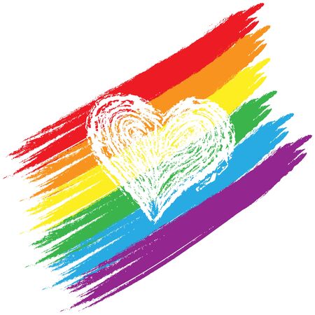 Multicolored brushstrokes in LGBT colors with a white heart in the middle. Stock illustration isolated on white backgroundのイラスト素材