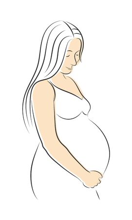 Vector outline of a pregnant woman. The pregnant woman bows her head and holds her stomach. Isolated on a white background.のイラスト素材