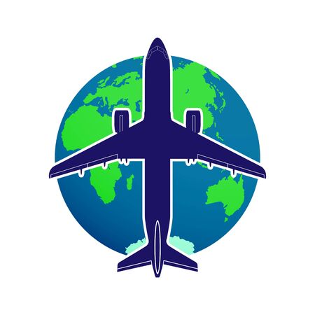 Silhouette of an airplane against the background of the globe. Design for a sticker for your site or applicationのイラスト素材