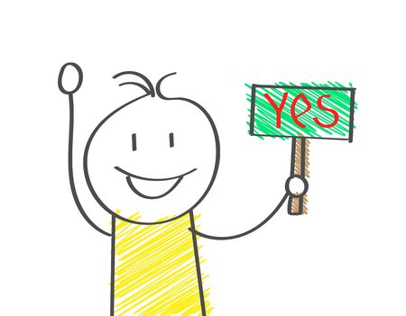 cartoon man holds a sign that says YES. Flat Doodle style for design and decorationのイラスト素材