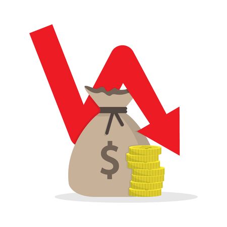 bag and a stack of coins with a down arrow. Simple color flat icon isolated on a white background
のイラスト素材
