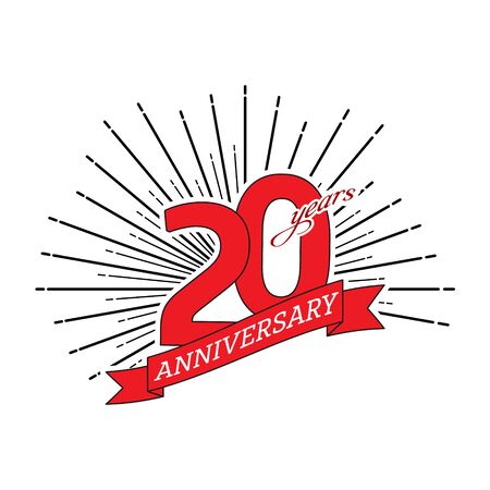 Congratulations on the twentieth anniversary. Editable vector illustration. The number 20 on the background of a salute with a congratulatory red ribbonのイラスト素材