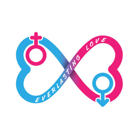 Conceptual vector illustration of everlasting love with the sign of infinity, male and female, isolated on a white backgroundのイラスト素材