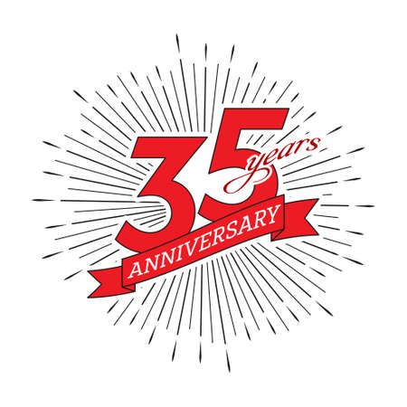 35th anniversary. Greeting inscription with salute and ribbon, vector illustration isolated on white...