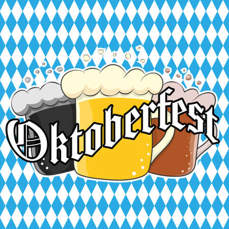 Three beer mugs with Oktoberfest lettering for stickers, banners, logos, stickers and theme design. Color simple vector illustrationのイラスト素材
