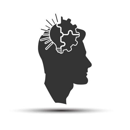 Light bulb and gear combined with the silhouette of a man's head. A metaphor for the realization of an idea, a thinking, creative person. Flat designのイラスト素材