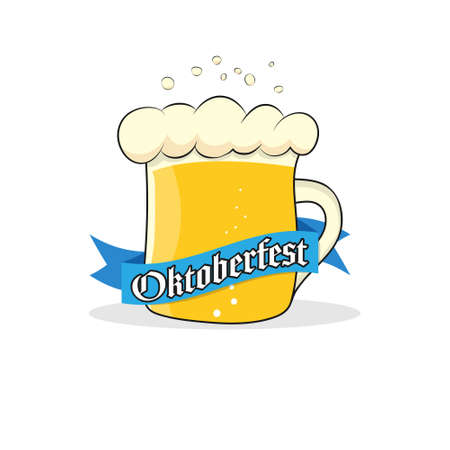 Beer mug with ribbon and Oktoberfest label for stickers, banners, logos, stickers and theme design. Color simple vector illustrationのイラスト素材
