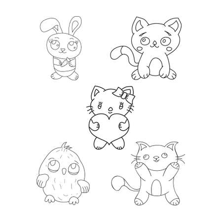 Set of contour illustrations of animals for children, scrapbooking and coloring books, isolated on a white backgroundのイラスト素材