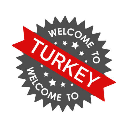 Welcome to TURKEY. Round label with red ribbon. Vector illustration isolated on a white backgroundのイラスト素材