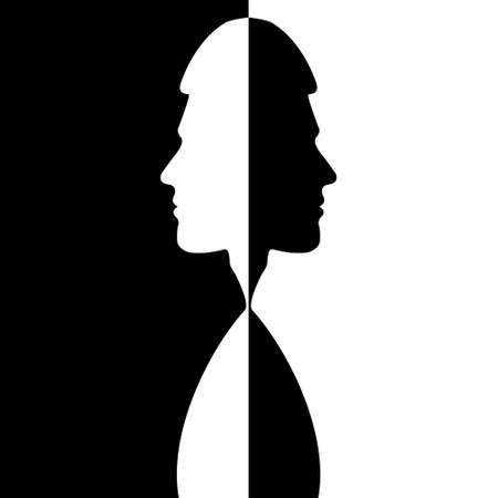 Two silhouettes of a male head are turned away from each other on a black and white background. Stock illustrationのイラスト素材