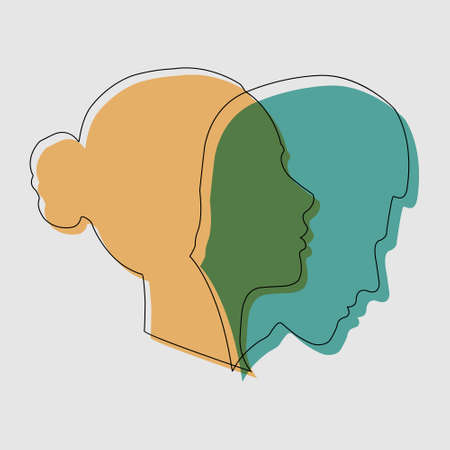 concept of split personality. two contours and silhouettes of a male and female face. Stock illustrationのイラスト素材