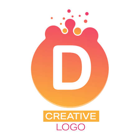 Creative logo. The letter D on a round dot with splashes. Vector illustration for logo, sticker, brand, sticker isolated on white background.のイラスト素材