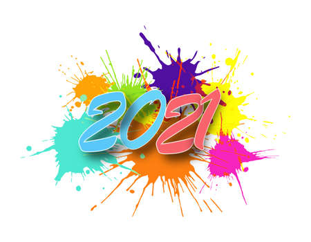 New year 2021. Happy new year greeting on a background of multicolored blots, isolated on a white...
