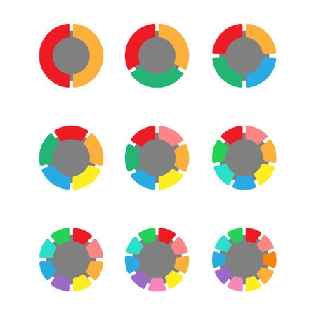 set of colored pie charts for the user interface. A circular graph with steps, sections, or stages from 2 to 10. Round infographic template for web and graphic design. Flat style.のイラスト素材