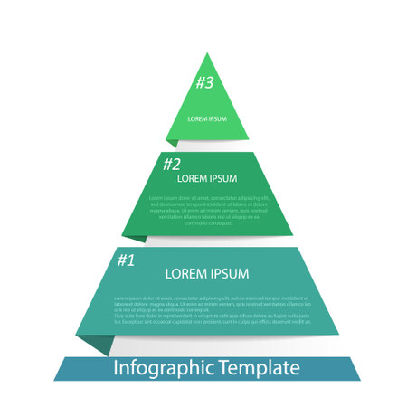 Infographic pyramid. The triangle diagram is divided into 3 parts. Business strategy, project development schedule, or training stages. Flat design.のイラスト素材