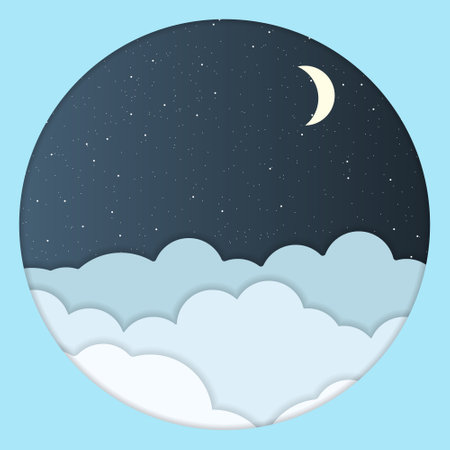 Starry sky and crescent moon, paper vector illustration in origami style. Vector designのイラスト素材