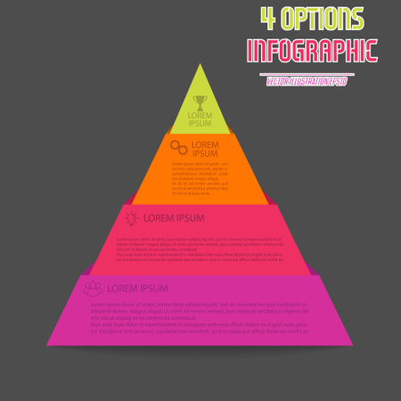 Infographic pyramid. The triangle diagram is divided into 4 parts. Business strategy, project development schedule, or training stages. Flat design.のイラスト素材