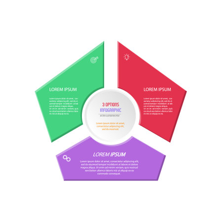 Three parts of a pentagon. Infographic diagram for presentation, business strategy, project development timeline or learning stages. Flat design.のイラスト素材